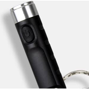 A rechargeable torch keyring in black with a silver top, featuring a power button and a keyring attachment.