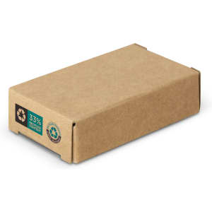 A rectangular, brown cardboard box made from recycled materials, featuring a small logo and recycling symbols.