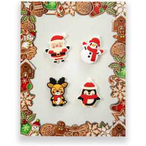 A set of four custom shoe charms featuring Santa, a snowman, a reindeer, and a penguin, surrounded by a festive border.