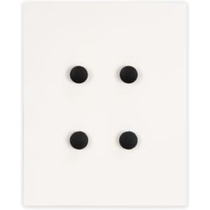Four round black shoe charms arranged on a white backing. The display features a simple design with a clean aesthetic.