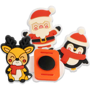Four colourful custom shoe charms featuring a Santa, reindeer, and penguin in festive attire. One charm has an orange connector.