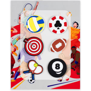 Six custom shoe charms featuring designs like a volleyball, poker chip, target, football, and an eight ball, in various colours.