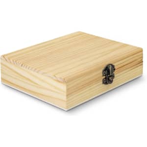 A wooden box with a natural finish and metal clasp, suitable for storing whiskey stones or similar items.