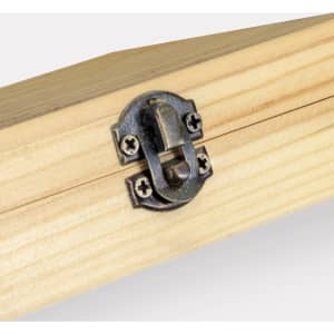 A wooden box with a silver latch closure, showcasing a natural wood finish and visible screws.
