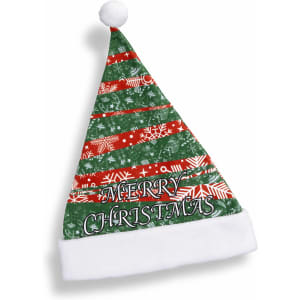 A full colour Santa hat featuring a festive design in red and green with a white plush trim and a pom-pom on top.