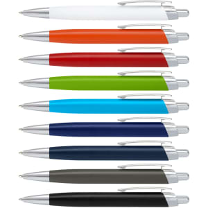 A variety of metal pens in different colours including white, orange, red, green, blue, navy, grey, and black. Each pen has a silver clip.