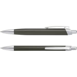 A pair of metal pens in a dark green finish with silver accents, featuring a sleek design and clip.