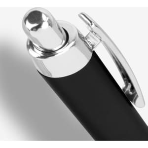 A metal pen with a glossy silver clip and a sleek black barrel, featuring a logo near the top.