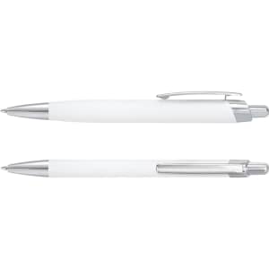 A metal pen set featuring a sleek white design with silver accents. The set includes two pens, each with a clip.