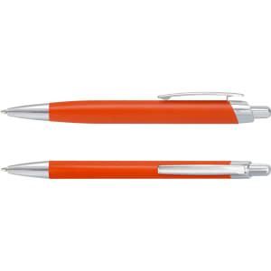 Two metal pens in a vibrant orange colour, featuring a sleek design with silver accents and a clip.