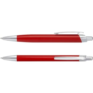 A red metal pen with silver accents, including a click mechanism and clip, displayed from two angles.