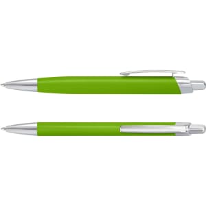 A green metal pen with a sleek design and chrome accents, featuring a stylish clip.
