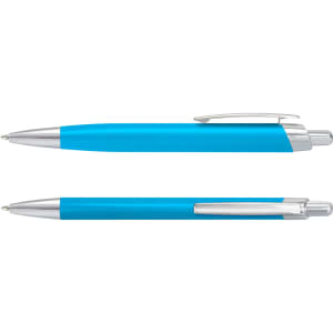 A metal pen set featuring a bright blue body with silver accents and a logo on the surface.
