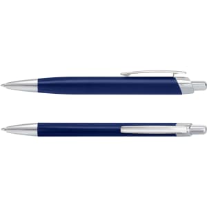 A metal pen set in navy blue with silver accents, featuring a clip and smooth writing tip.