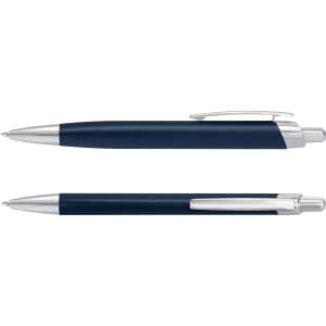 A metal pen set in navy blue with silver accents, featuring a sleek design and a branding logo.