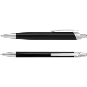 A set of black metal pens with silver accents, featuring a logo on the barrel.