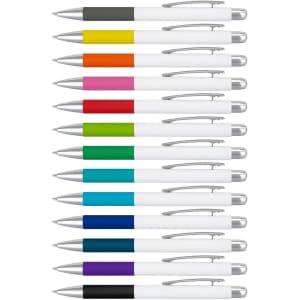A collection of metal pens in various colours, all featuring a white barrel and silver accents, with a logo on each.