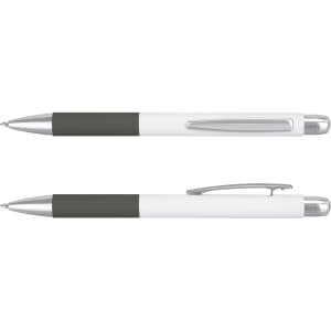 A metal pen with a white and grey design, featuring a clip and a smooth finish. It has a logo on the body.