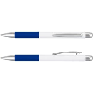 A metal pen with a blue grip and silver accents, featuring a logo on the barrel, presented from two angles.