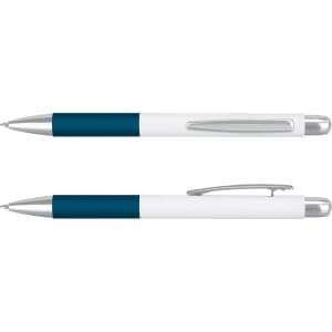 A metal pen with a blue and white design, featuring a silver clip and trim. It has branding on its body.