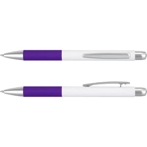 A metal pen with a purple grip and a white barrel, featuring silver accents and a clip.