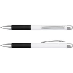 A metal pen in black and white, featuring a sleek design and a shiny silver clip. The pen has a logo on it.