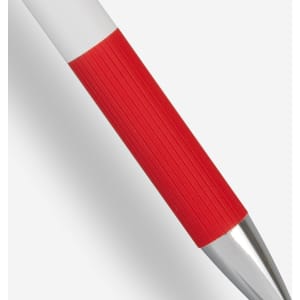 A metal pen with a red textured grip and a silver tip. The pen has a sleek white body and includes a logo.