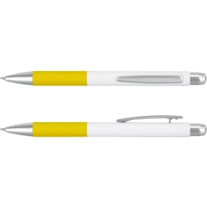 A yellow and white metal pen with silver accents, featuring a sleek design and a clip.