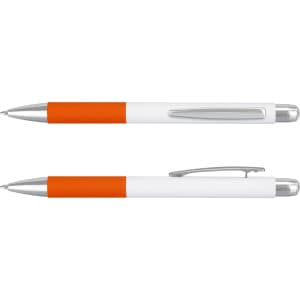 A metal pen in white with an orange grip and silver accents, featuring a clip and branding.