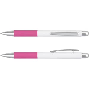 A metal pen featuring a white body with a pink grip and silver accents, including a clip and nib.