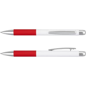 A metal pen with a white body and red grip, featuring a silver clip and accents. Includes branding.