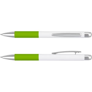 A metal pen featuring a white barrel with a vibrant green grip and chrome accents. The pen has a branding logo.