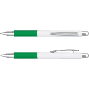 A green and white metal pen featuring a textured grip and a clip, showcasing both closed and open positions.