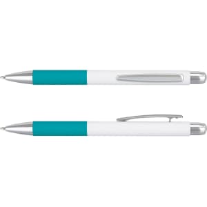 A metal pen with a teal grip and white barrel, featuring a silver clip and tip. It has a brand logo.