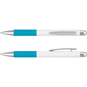 A metal pen duo featuring a turquoise grip and silver accents, with a sleek white barrel and a logo.