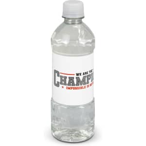 A drink bottle made of clear plastic with a white cap, featuring a logo on the front.