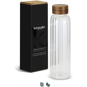 A drink bottle with a transparent glass body and wooden lid, presented with a black box featuring a logo.
