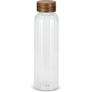 A drink bottle with a clear, ribbed glass body and a wooden lid, showcasing a sleek and modern design.