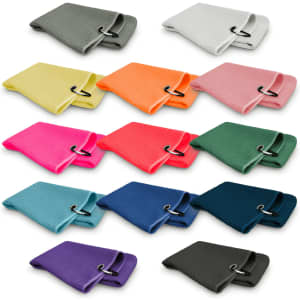 A selection of Waffle Golf Towels in various colours, including grey, yellow, pink, orange, green, blue, and purple, each with a clip.