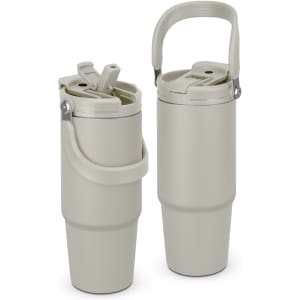 A drink bottle in light grey featuring a handle and a secure lid, with a logo visible on the surface.