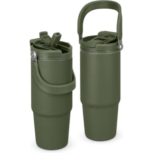 A drink bottle featuring a green exterior, a carry handle, and a lid with a spout. It includes a logo.