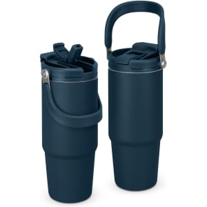 A drink bottle featuring a sleek dark blue design, with a handle and a lid that includes a straw. It has a logo.