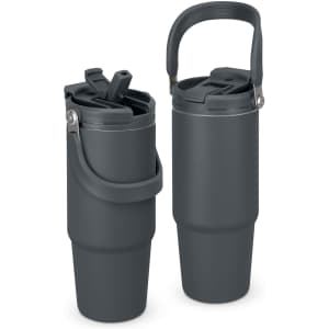 A drink bottle set featuring two dark grey travel mugs with handles and flip-top lids. One contains a straw and has a logo.