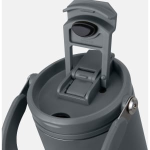 A drink bottle in grey with a lever lid and carrying handle, featuring a logo on the body.