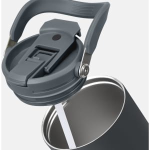 A drink bottle with a grey lid and spout, featuring a stainless steel body. It has a logo on the side.