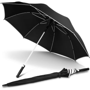 A black umbrella with white accents, featuring a curved handle and an open and closed position. It includes a logo.
