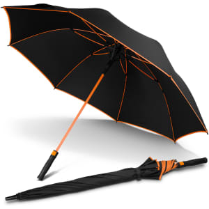 A black umbrella with orange accents, opened to display its interior, alongside a folded version. It has a logo.
