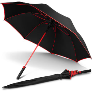 A black umbrella with red accents, displayed opened and closed, featuring a logo on the handle.