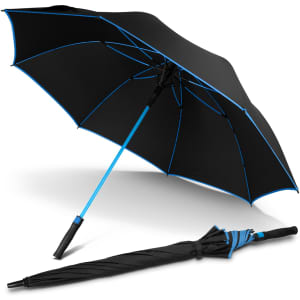 A black umbrella with a blue handle and accents. It is shown both open and in a closed position.