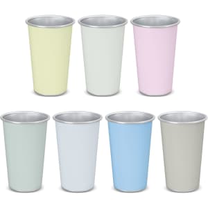 A drink cup set featuring eight pastel colours, with a metallic interior and a smooth finish, showcasing a variety of shades.